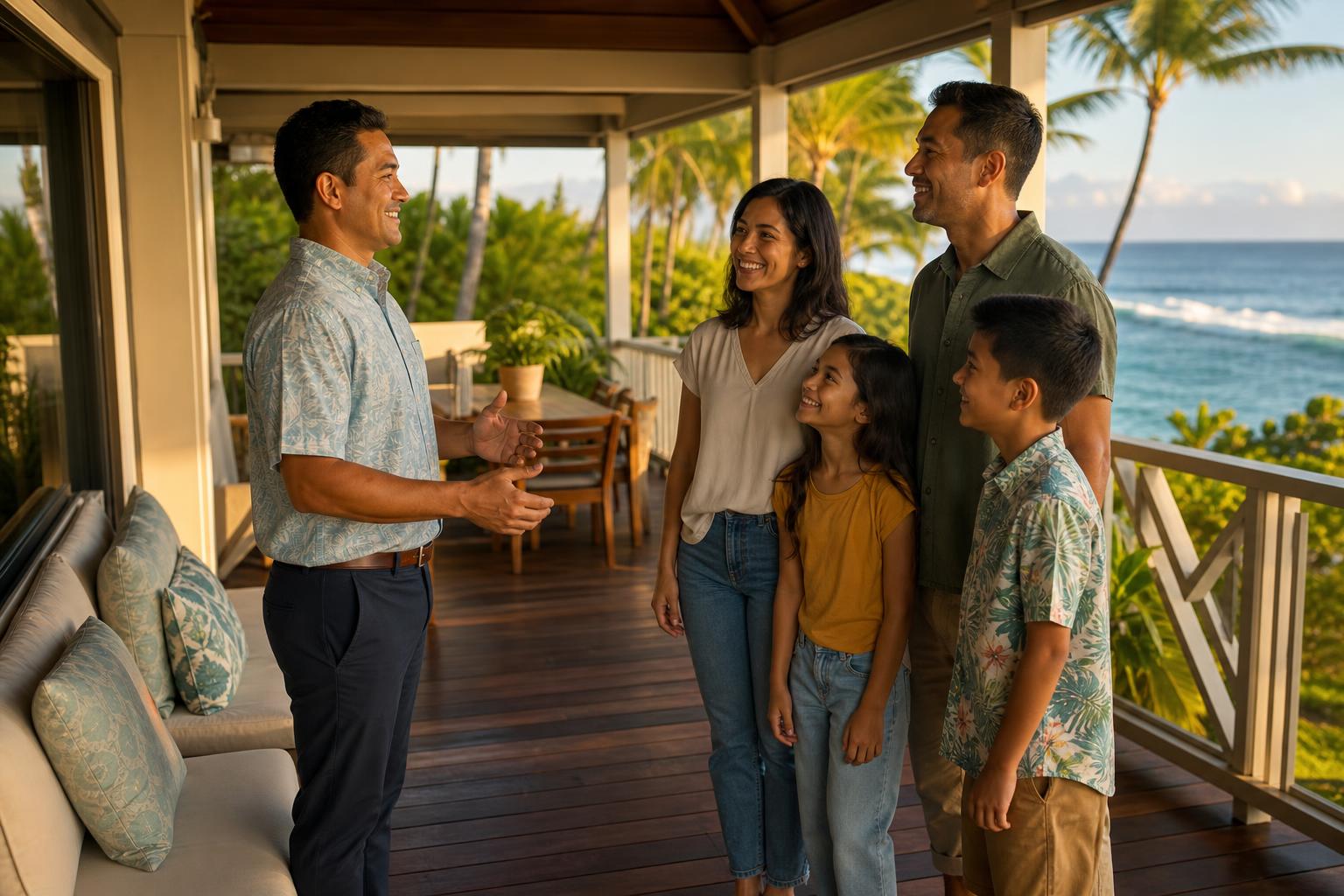 Hawaii property manager warmly welcoming guests at a premium vacation rental lanai